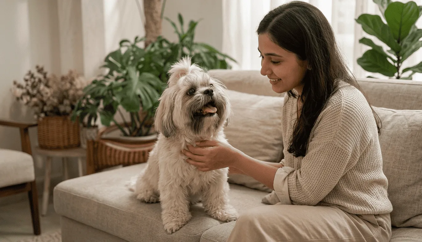 Happy dog relaxing at home